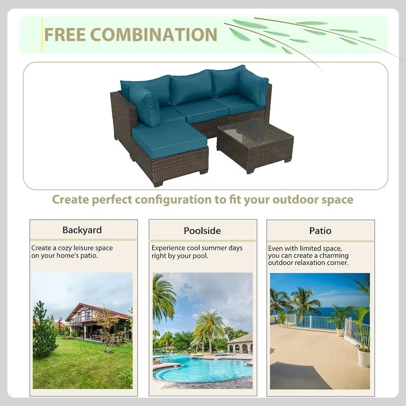 Ensemble de canapé d'angle d'extérieur 5 pièces en résine tressée PE tressée à la main avec coussins et table basse