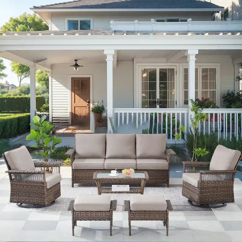 3-seat Sofa Patio Swivel Chair and Coffee Table, Ottoman - Brown