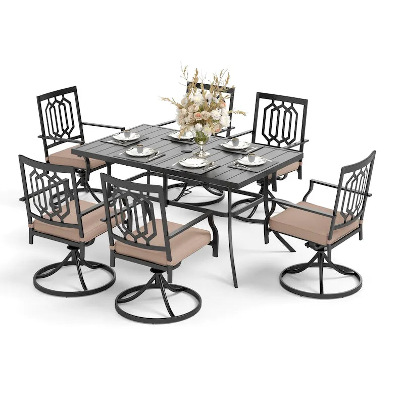 Ensemble de salle à manger d'extérieur MAISON ARTS 7 pièces, comprenant 6 chaises pivotantes avec coussin et 1 table en métal avec trou pour parasol de 6,6 cm.