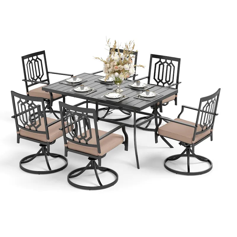 Ensemble de salle à manger d'extérieur MAISON ARTS 7 pièces, comprenant 6 chaises pivotantes avec coussin et 1 table en métal avec trou pour parasol de 6,6 cm.
