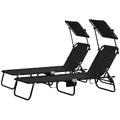 Ensemble de 2 chaises longues pliantes d'extérieur pour piscine et bronzage, avec auvent, dossier inclinable, structure en acier et poche latérale.