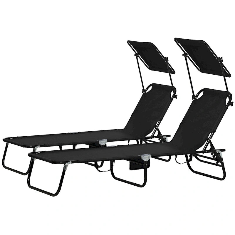 Ensemble de 2 chaises longues pliantes d'extérieur pour piscine et bronzage, avec auvent, dossier inclinable, structure en acier et poche latérale.