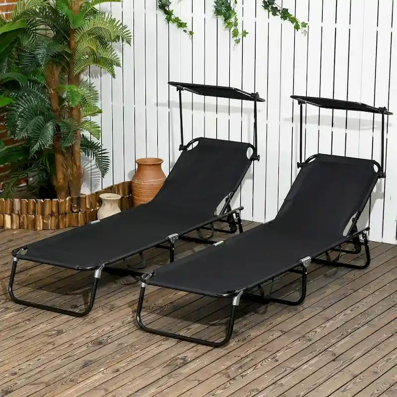 Ensemble de 2 chaises longues pliantes d'extérieur pour piscine et bronzage, avec auvent, dossier inclinable, structure en acier et poche latérale.