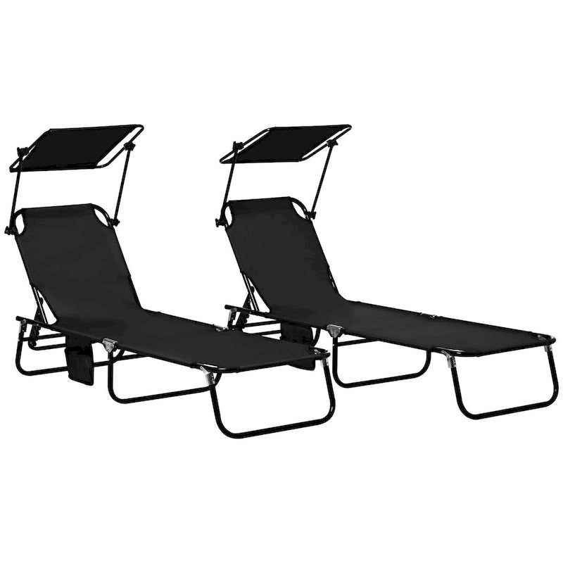 Ensemble de 2 chaises longues pliantes d'extérieur pour piscine et bronzage, avec auvent, dossier inclinable, structure en acier et poche latérale.