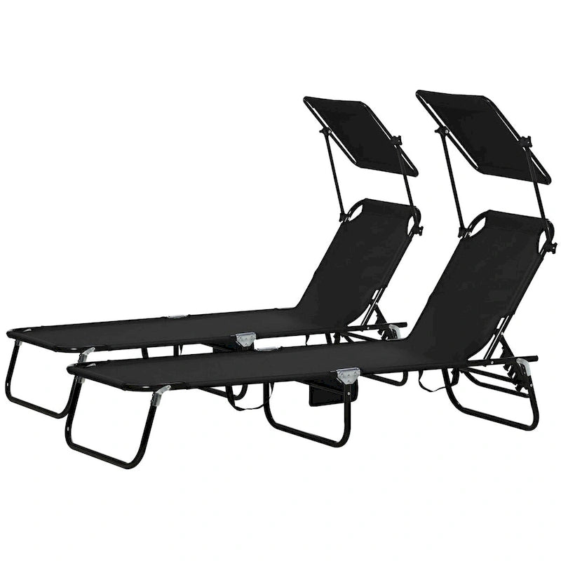 Ensemble de 2 chaises longues pliantes d'extérieur pour piscine et bronzage, avec auvent, dossier inclinable, structure en acier et poche latérale.