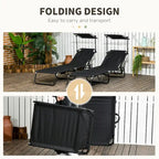 Ensemble de 2 chaises longues pliantes d'extérieur pour piscine et bronzage, avec auvent, dossier inclinable, structure en acier et poche latérale.