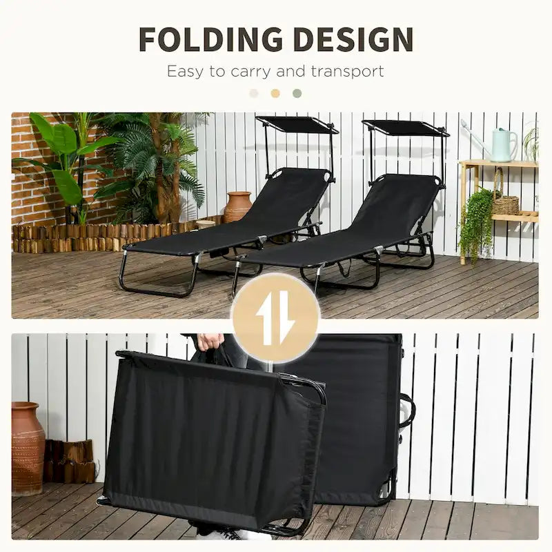 Ensemble de 2 chaises longues pliantes d'extérieur pour piscine et bronzage, avec auvent, dossier inclinable, structure en acier et poche latérale.
