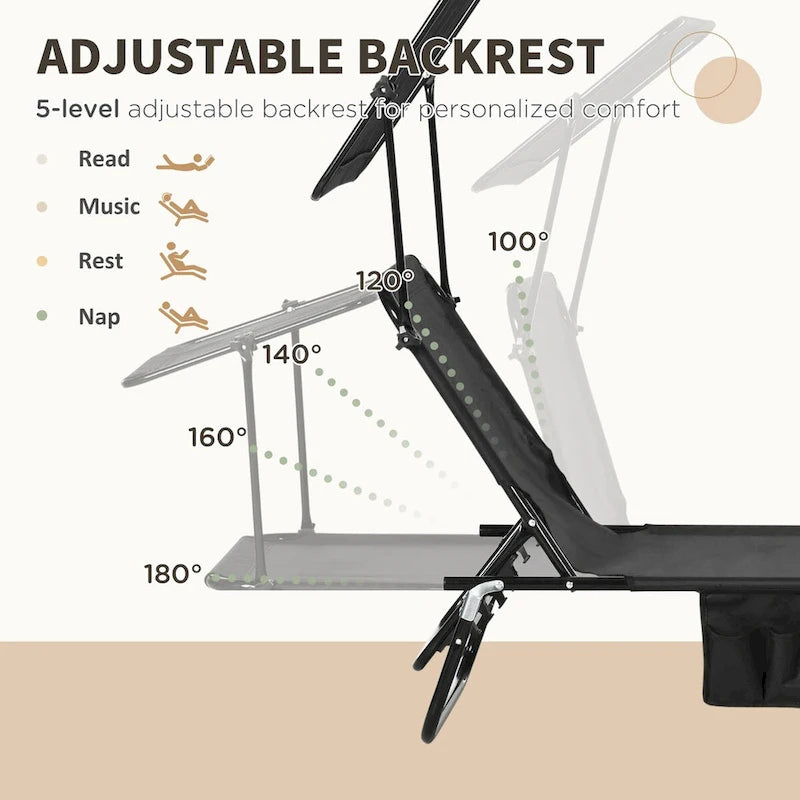 Ensemble de 2 chaises longues pliantes d'extérieur pour piscine et bronzage, avec auvent, dossier inclinable, structure en acier et poche latérale.