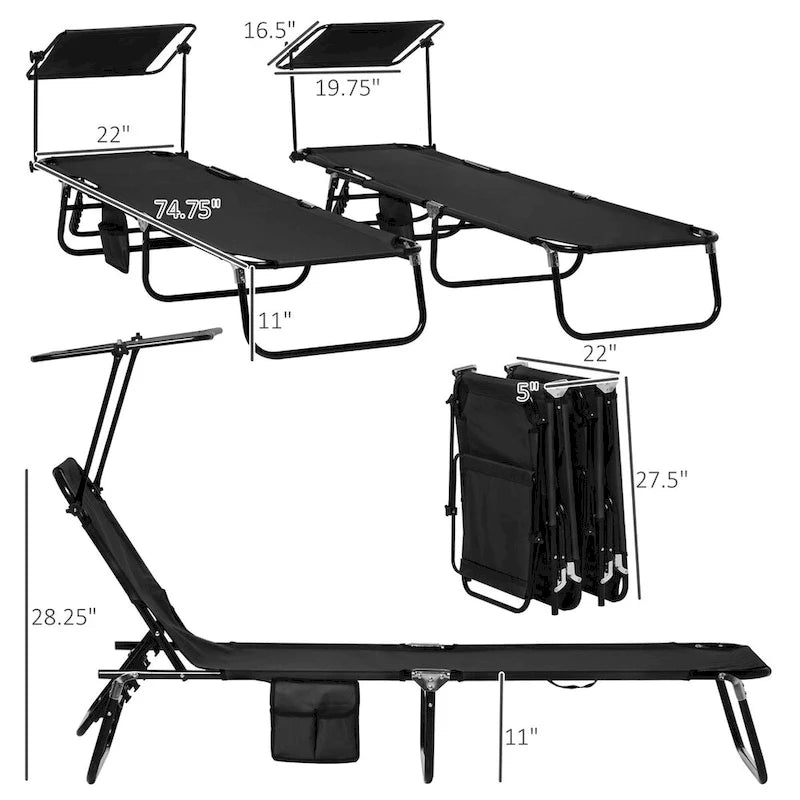 Ensemble de 2 chaises longues pliantes d'extérieur pour piscine et bronzage, avec auvent, dossier inclinable, structure en acier et poche latérale.