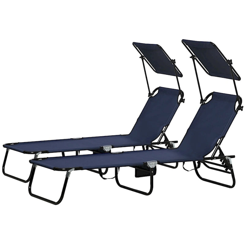 Ensemble de 2 chaises longues pliantes d'extérieur pour piscine et bronzage, avec auvent, dossier inclinable, structure en acier et poche latérale.