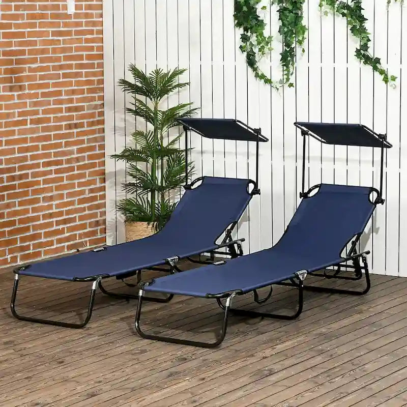 Ensemble de 2 chaises longues pliantes d'extérieur pour piscine et bronzage, avec auvent, dossier inclinable, structure en acier et poche latérale.
