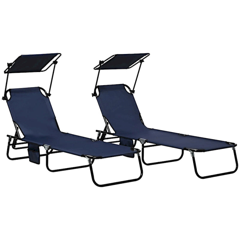 Ensemble de 2 chaises longues pliantes d'extérieur pour piscine et bronzage, avec auvent, dossier inclinable, structure en acier et poche latérale.