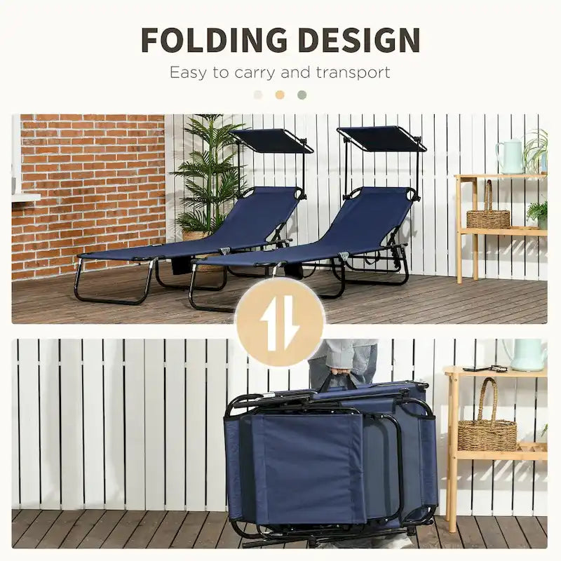 Ensemble de 2 chaises longues pliantes d'extérieur pour piscine et bronzage, avec auvent, dossier inclinable, structure en acier et poche latérale.