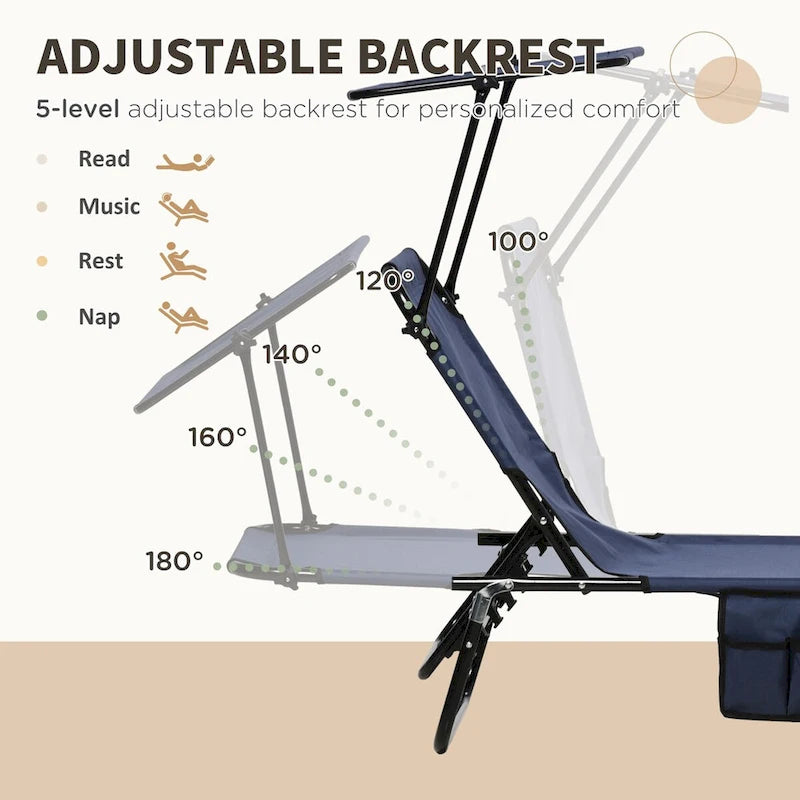 Ensemble de 2 chaises longues pliantes d'extérieur pour piscine et bronzage, avec auvent, dossier inclinable, structure en acier et poche latérale.