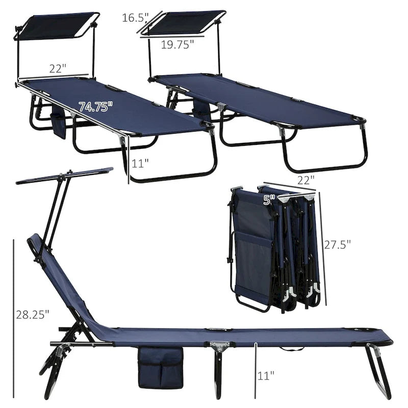 Ensemble de 2 chaises longues pliantes d'extérieur pour piscine et bronzage, avec auvent, dossier inclinable, structure en acier et poche latérale.