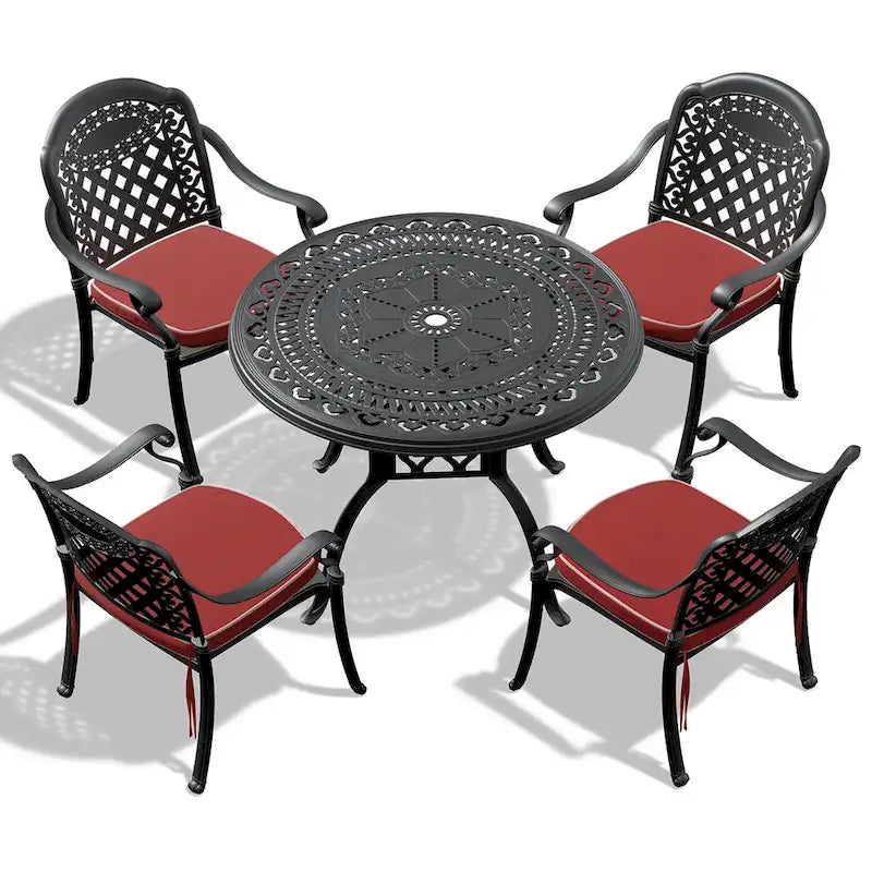 Ensemble de patio en aluminium 5 pièces, 5 fauteuils avec coussins de couleurs aléatoires et 1 table avec trou pour parasol