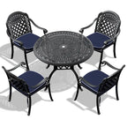 Ensemble de patio en aluminium 5 pièces, 5 fauteuils avec coussins de couleurs aléatoires et 1 table avec trou pour parasol