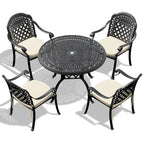Ensemble de patio en aluminium 5 pièces, 5 fauteuils avec coussins de couleurs aléatoires et 1 table avec trou pour parasol