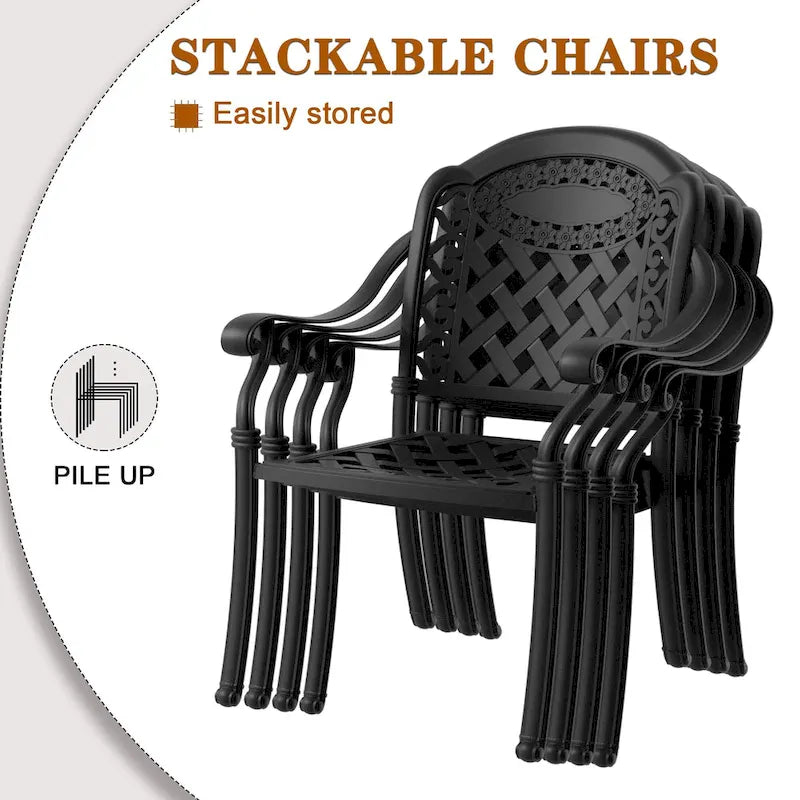 Ensemble de patio en aluminium 5 pièces, 5 fauteuils avec coussins de couleurs aléatoires et 1 table avec trou pour parasol