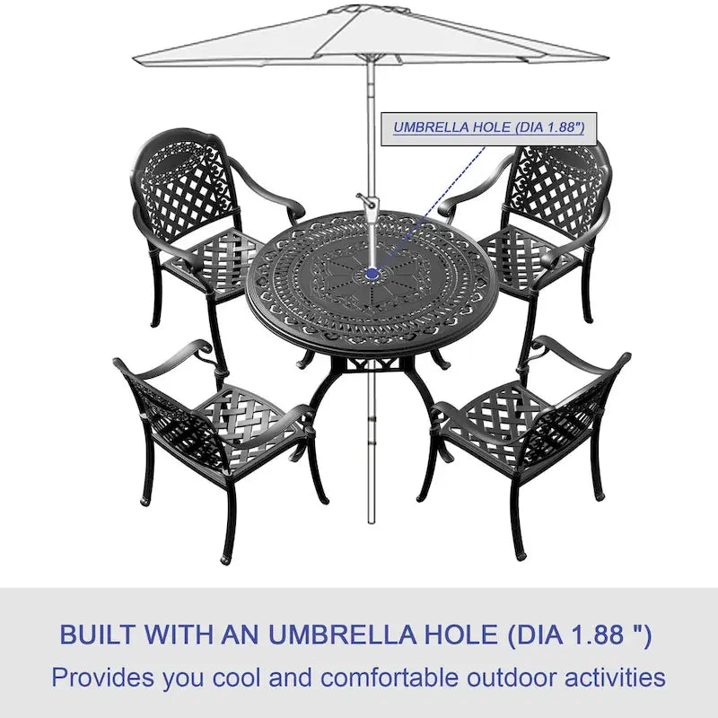 Ensemble de patio en aluminium 5 pièces, 5 fauteuils avec coussins de couleurs aléatoires et 1 table avec trou pour parasol