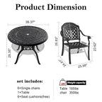 Ensemble de patio en aluminium 5 pièces, 5 fauteuils avec coussins de couleurs aléatoires et 1 table avec trou pour parasol