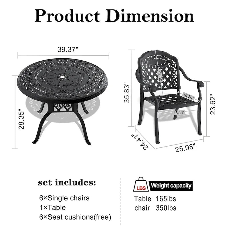 Ensemble de patio en aluminium 5 pièces, 5 fauteuils avec coussins de couleurs aléatoires et 1 table avec trou pour parasol