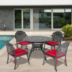 Ensemble de patio en aluminium 5 pièces, 5 fauteuils avec coussins de couleurs aléatoires et 1 table avec trou pour parasol