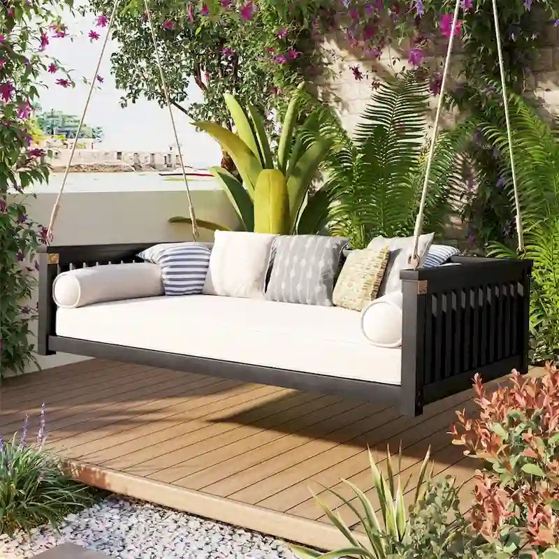 Balançoire de jardin minimaliste pour deux personnes avec cordes, design incliné sécurisé
