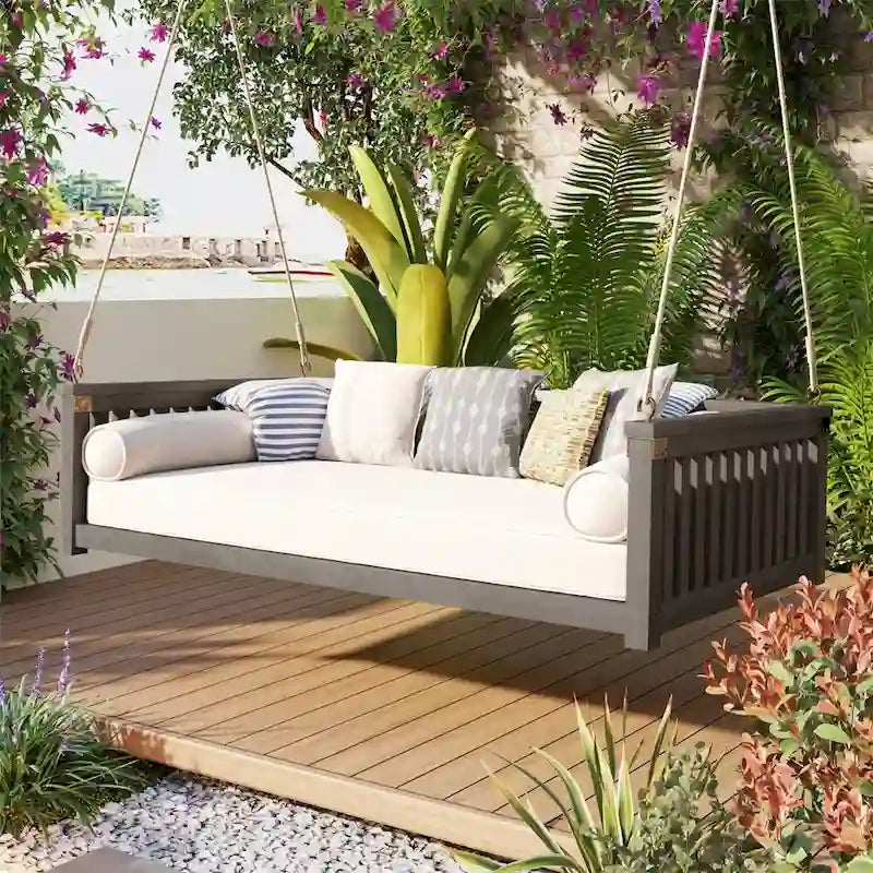 Balançoire de jardin minimaliste pour deux personnes avec cordes, design incliné sécurisé