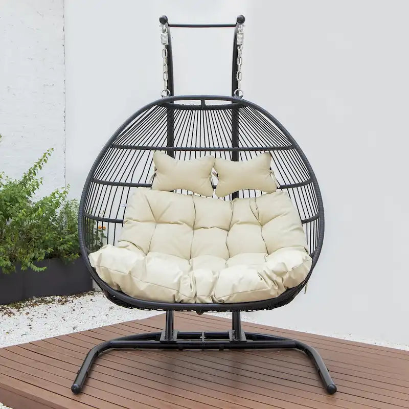 Double-Seat Folding Hanging Swing Chair with Stand & Cushion