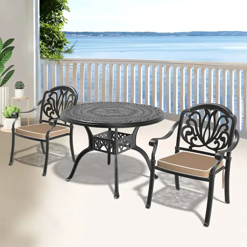 Ensemble de salle à manger d'extérieur 3 ou 5 pièces en fonte d'aluminium avec table ronde de 100 cm et coussins de siège de couleur aléatoire
