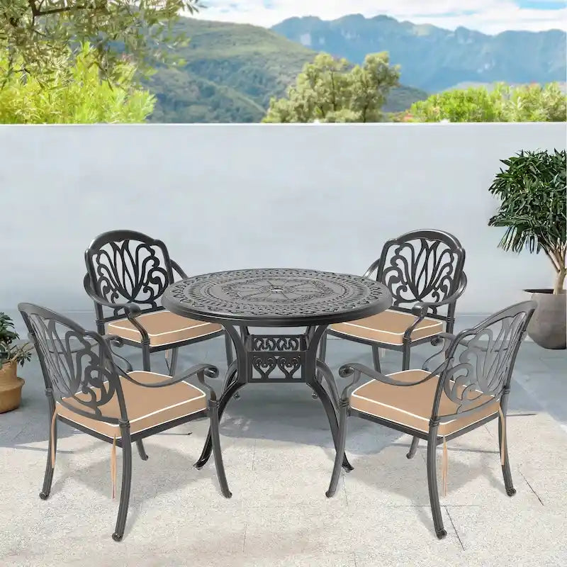 Ensemble de salle à manger d'extérieur 3 ou 5 pièces en fonte d'aluminium avec table ronde de 100 cm et coussins de siège de couleur aléatoire