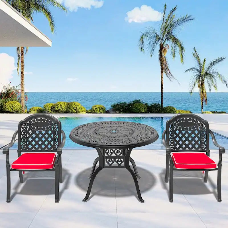 Ensemble de salle à manger d'extérieur 3 ou 5 pièces en fonte d'aluminium avec table ronde de 100 cm et coussins de siège de couleur aléatoire