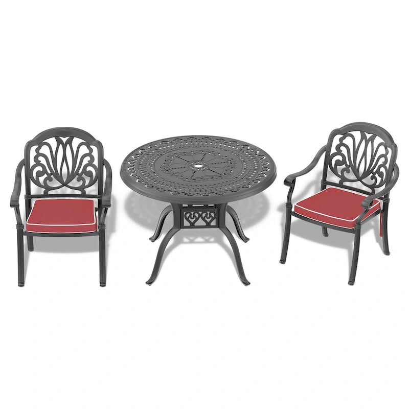 3/5-Piece Cast Aluminum Outdoor Dining Set with 39.37 in. Round Table and Random Color Seat Cushions