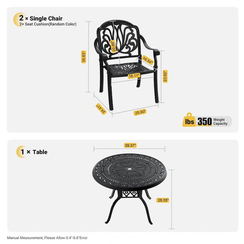 Ensemble de salle à manger d'extérieur 3 ou 5 pièces en fonte d'aluminium avec table ronde de 100 cm et coussins de siège de couleur aléatoire