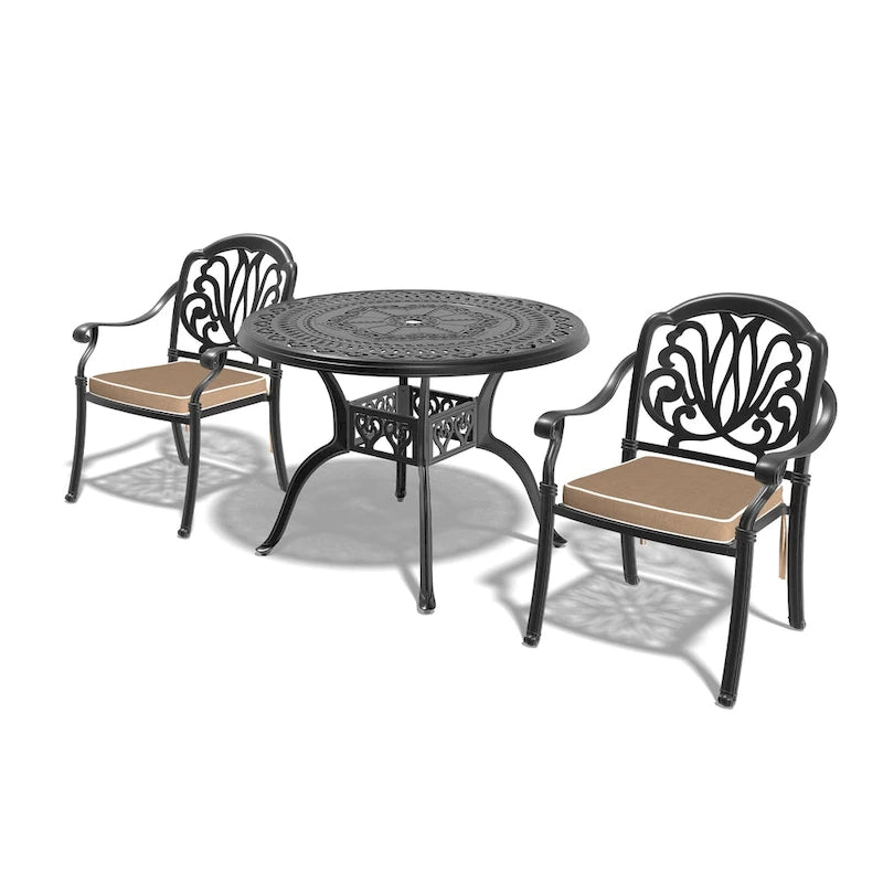 Ensemble de salle à manger d'extérieur 3 ou 5 pièces en fonte d'aluminium avec table ronde de 100 cm et coussins de siège de couleur aléatoire