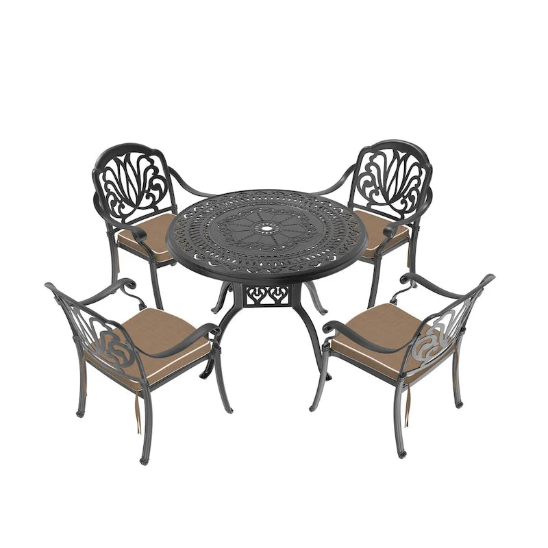 Ensemble de salle à manger d'extérieur 3 ou 5 pièces en fonte d'aluminium avec table ronde de 100 cm et coussins de siège de couleur aléatoire