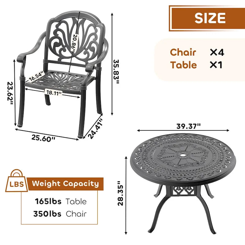 Ensemble de salle à manger d'extérieur 3 ou 5 pièces en fonte d'aluminium avec table ronde de 100 cm et coussins de siège de couleur aléatoire