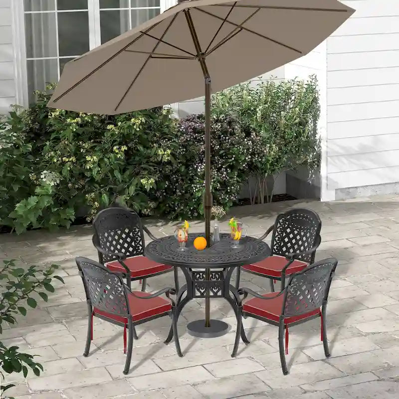 Ensemble de salle à manger d'extérieur 3 ou 5 pièces en fonte d'aluminium avec table ronde de 100 cm et coussins de siège de couleur aléatoire