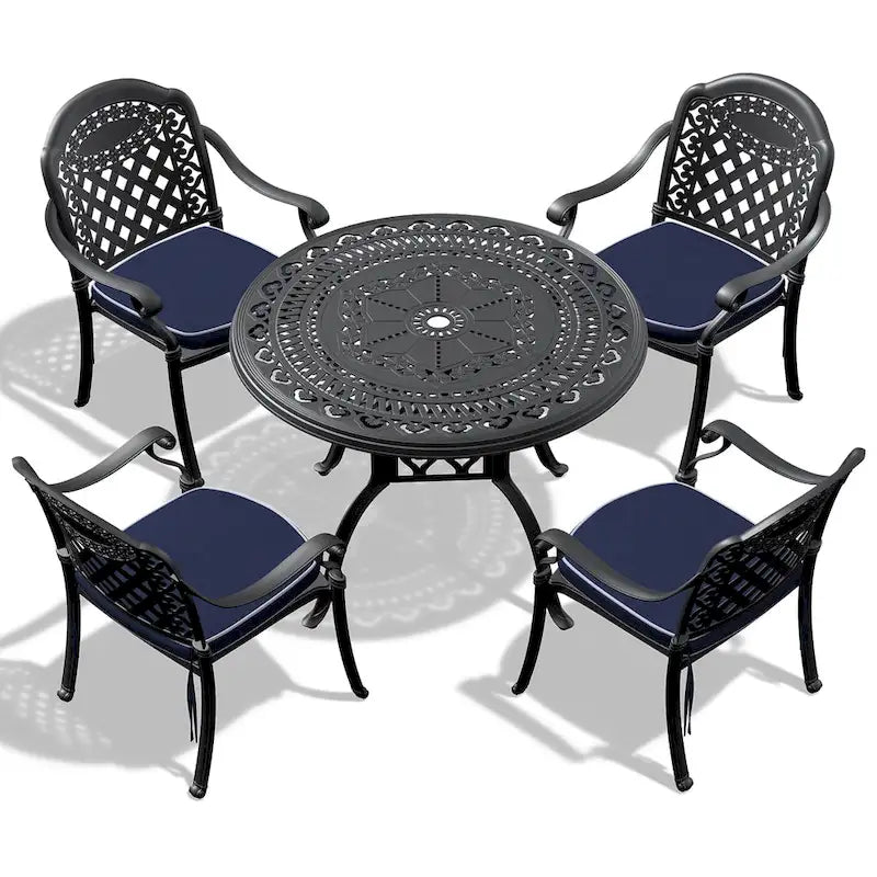 Ensemble de salle à manger d'extérieur 3 ou 5 pièces en fonte d'aluminium avec table ronde de 100 cm et coussins de siège de couleur aléatoire