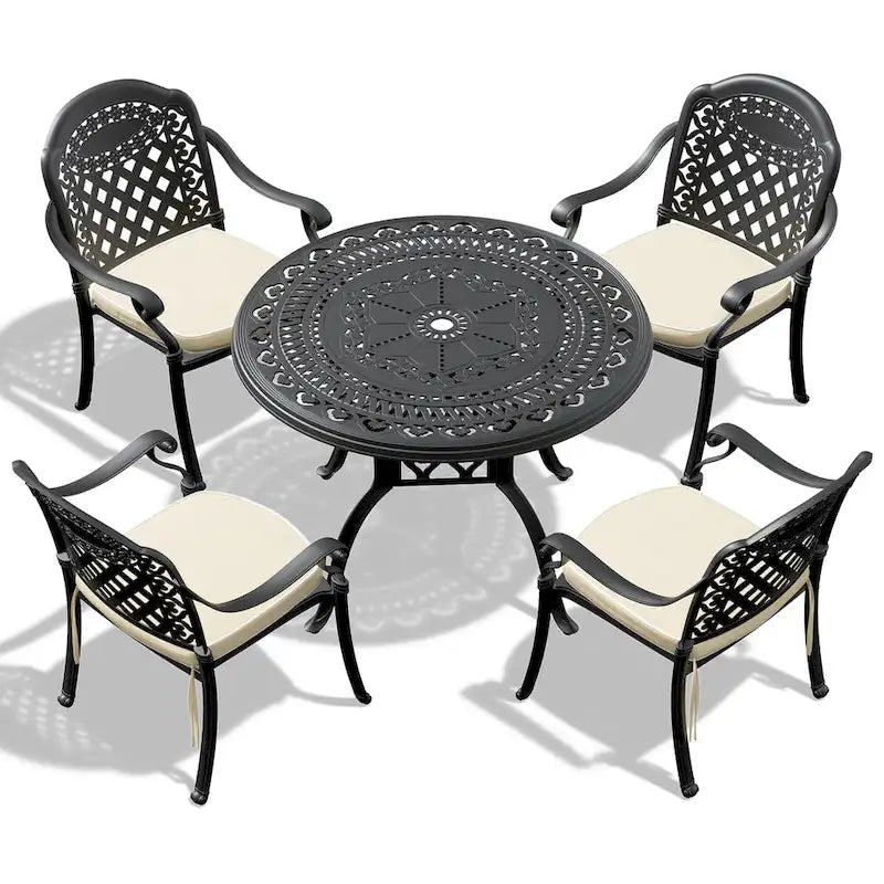 Ensemble de salle à manger d'extérieur 3 ou 5 pièces en fonte d'aluminium avec table ronde de 100 cm et coussins de siège de couleur aléatoire