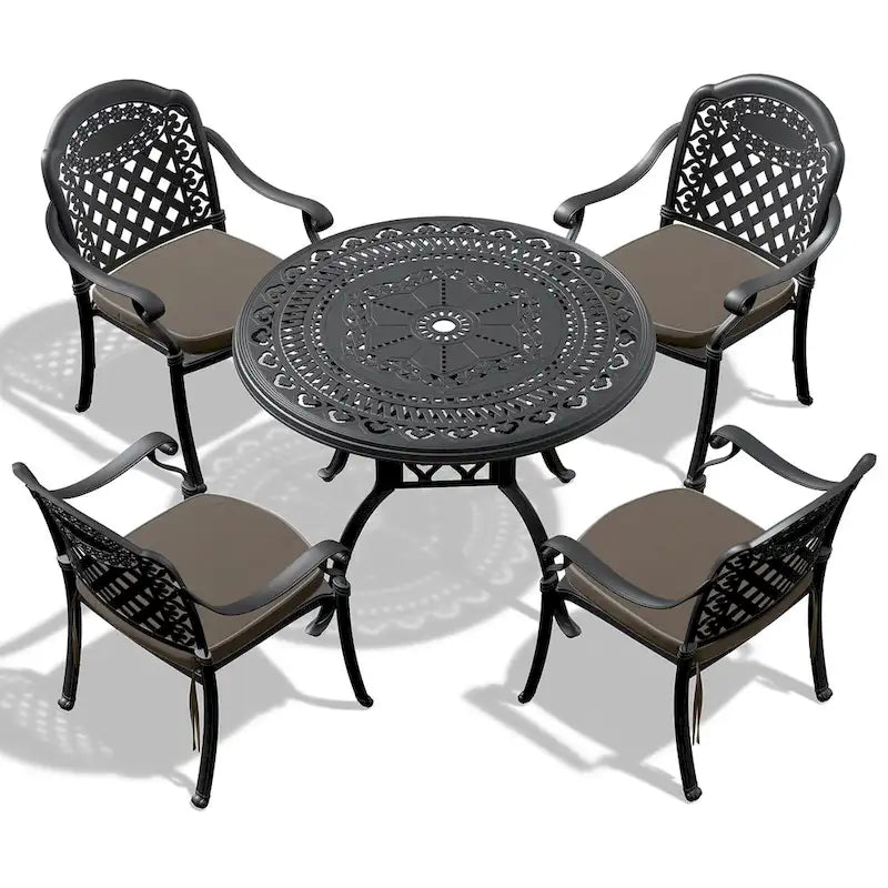 Ensemble de salle à manger d'extérieur 3 ou 5 pièces en fonte d'aluminium avec table ronde de 100 cm et coussins de siège de couleur aléatoire