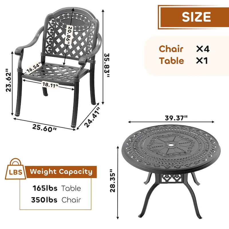 Ensemble de salle à manger d'extérieur 3 ou 5 pièces en fonte d'aluminium avec table ronde de 100 cm et coussins de siège de couleur aléatoire