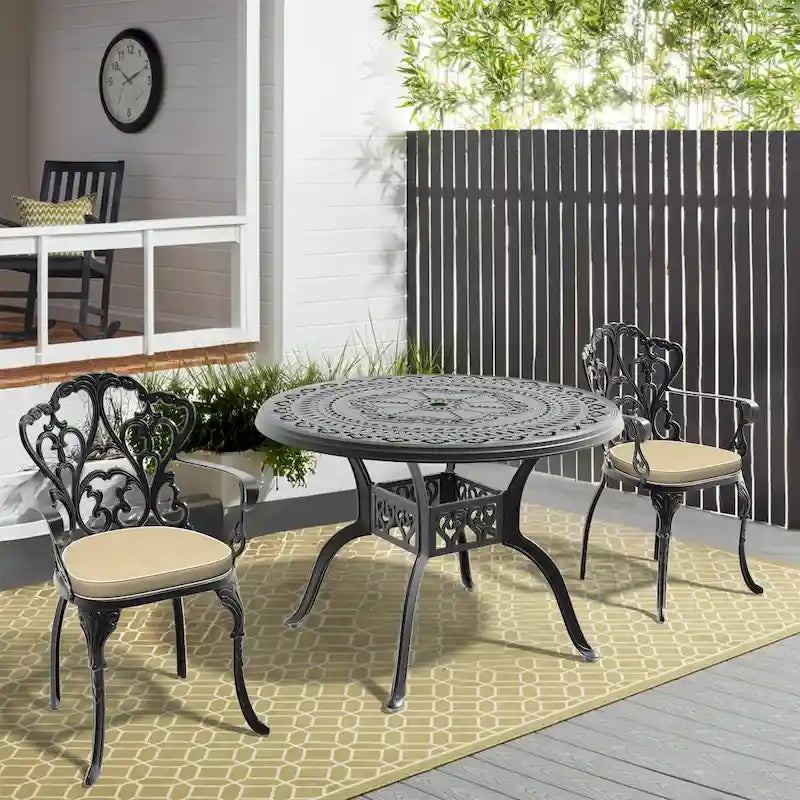 Ensemble de salle à manger d'extérieur 3 ou 5 pièces en fonte d'aluminium avec table ronde de 100 cm et coussins de siège de couleur aléatoire