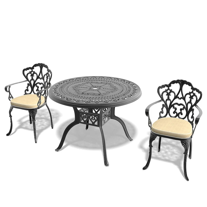 Ensemble de salle à manger d'extérieur 3 ou 5 pièces en fonte d'aluminium avec table ronde de 100 cm et coussins de siège de couleur aléatoire