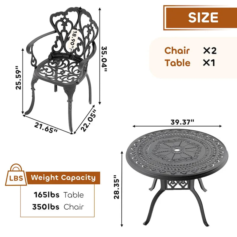 Ensemble de salle à manger d'extérieur 3 ou 5 pièces en fonte d'aluminium avec table ronde de 100 cm et coussins de siège de couleur aléatoire