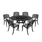 Ensemble de salle à manger d'extérieur moderne et orné en aluminium et maille, grand format rond de 150 cm (59 po), avec plateau tournant et six chaises - Non disponible
