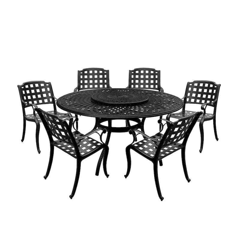 Ensemble de salle à manger d'extérieur moderne et orné en aluminium et maille, grand format rond de 150 cm (59 po), avec plateau tournant et six chaises - Non disponible