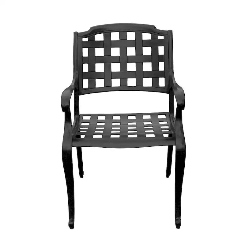 Ensemble de salle à manger d'extérieur moderne et orné en aluminium et maille, grand format rond de 150 cm (59 po), avec plateau tournant et six chaises - Non disponible