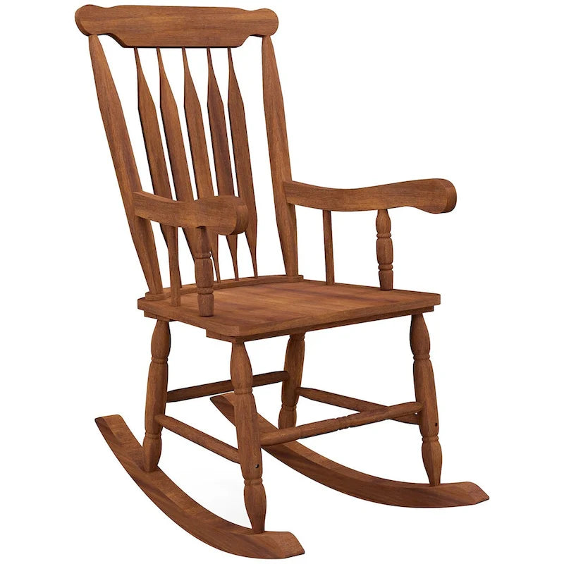 Fauteuil à bascule d'extérieur en bois, supportant jusqu'à 159 kg (350 lb), avec dossier haut.